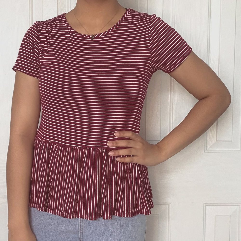 Shirred Maroon & White Striped Top